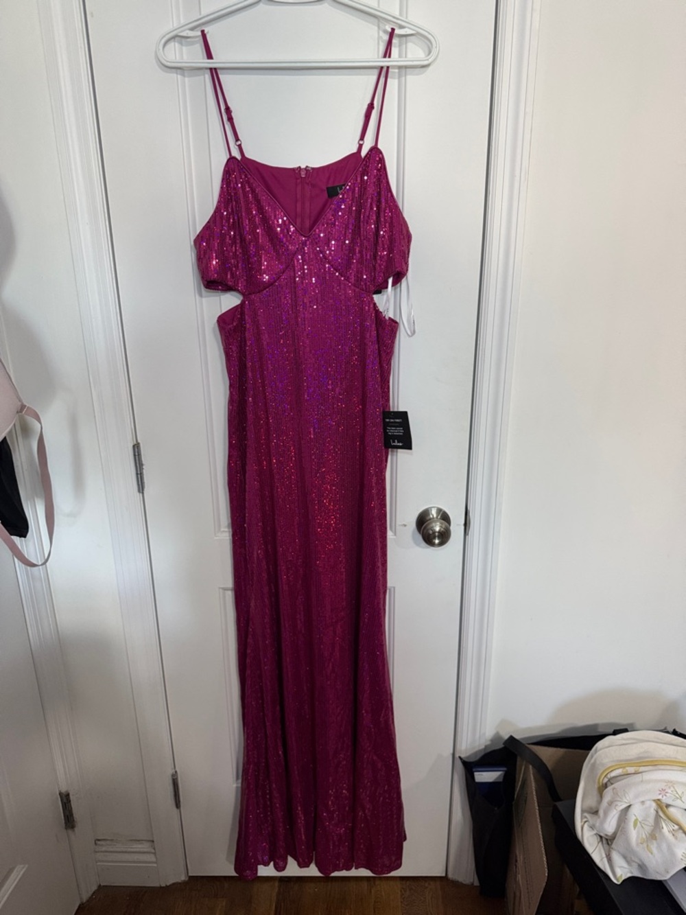 Lulu's Hot Pink Sequin Cutout Spaghetti Strap Dress